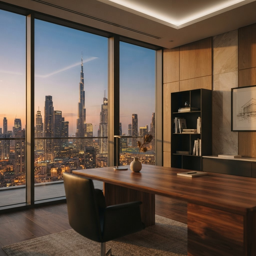 Modern Dubai office interior at golden hour with skyline view